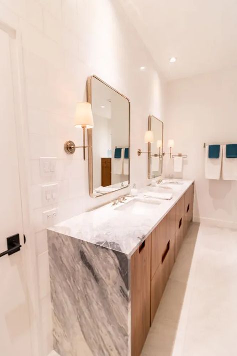 Bathroom Waterfall Countertop, Waterfall Bathroom Countertop, Waterfall Edge Bathroom Vanity, Waterfall Countertop Wood, Thick Waterfall Countertop, Vanity Waterfall Countertop, Thick Stone Bathroom Vanity, Waterfall Counter, Waterfall Vanity