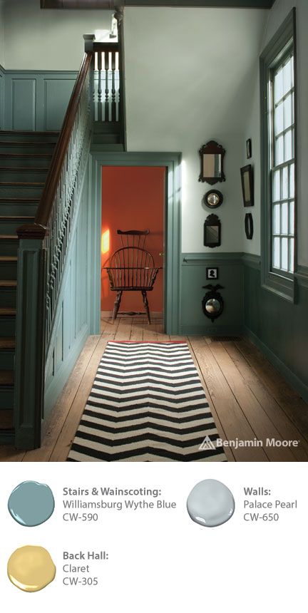 Take your style cues from classic American designs featured throughout the Colonial Williamsburg historic area. Benjamin Moore’s WILLIAMSBURG Collection contains paint colors based on original pigments developed more than 250 years ago. Flip the script on your entryway with wainscoting in ‘Williamsburg Wythe Blue CW-590’. Hall Colours, Interior Paint Ideas, Goth Cottage, Hallway Colours, Old Homes, House Colours, Colonial Homes, Paint Palettes, Painted Stairs