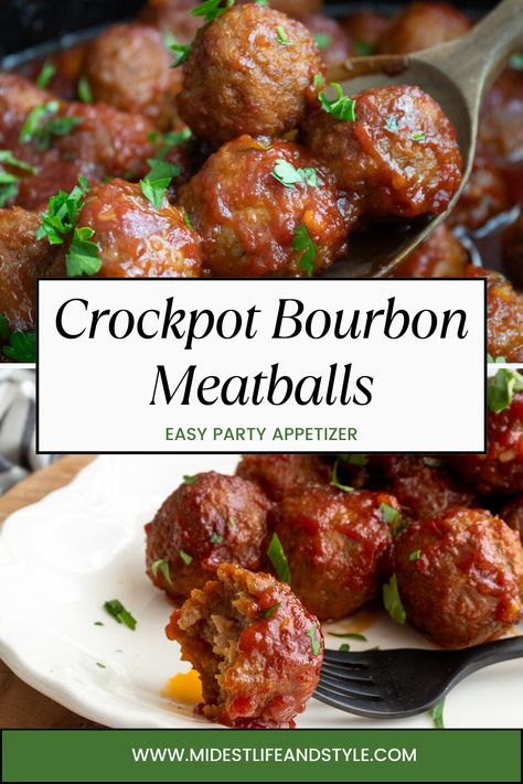 Simple Savory Crockpot Bourbon Meatballs - Midwest Life and Style Blog Bourbon Meatballs, Meatball Recipes Crockpot, Cocktail Meatballs, Crock Pot Meatballs, Crowd Pleasing Appetizers, Meatballs Easy, Frozen Meatballs, Party Appetizers Easy, Bbq Sauce Homemade