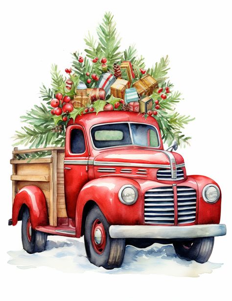 Each page invites you to explore a winter wonderland and bring it to life with your creative touch. Christmas Car Decorations, Truck Clipart, Iconic Christmas, Vintage Red Truck, Christmas Landscape, Christmas Tree Clipart, Winter Szenen, Watercolor Red, Christmas Car