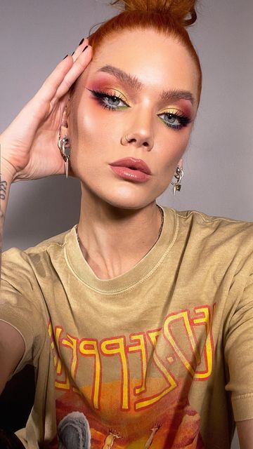 Linda Hallberg on Instagram: "Got a t-shirt. Did a matching makeup. Would you wear it?" European Makeup, Linda Hallberg Makeup, Glam Rock Makeup, Colourful Makeup, Red Hair Makeup, Matching Makeup, Funky Makeup, Red Eye Makeup, Makeup Looks For Green Eyes