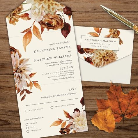 $3.55 | Elegant Autumn Watercolor Floral Wedding - all-in-one wedding, elegant wedding invitations, modern wedding invitations, rustic wedding, floral, elegant, watercolor flowers, spring summer fall, autumn, terracotta earth tones Zazzle Wedding Invitations, Wedding Invitations Modern, Rose Gold Wedding Invitations, Geometric Wedding Invitation, Autumn Watercolor, Burgundy Wedding Invitations, String Lights Wedding, Summer Wedding Invitations, Monogram Wedding Invitations