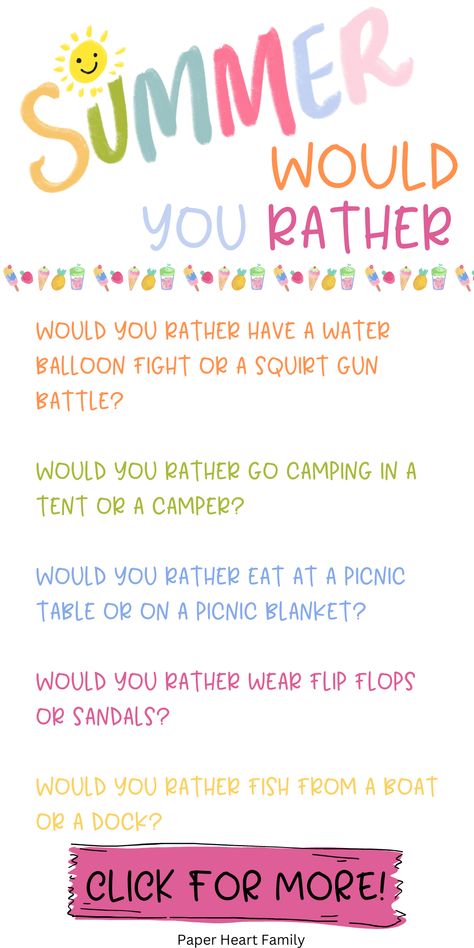 1st Day Of Summer Activities, Summer Would You Rather, This Or That Summer Edition, Summer This Or That, Summer Organization, Summer Questions, Party Questions, Summer Planning, July Activities