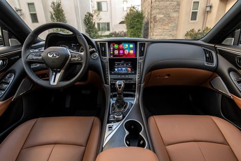 Fancy Brown Leather? Infiniti's New Q50 Signature Edition Has You Covered | Carscoops Brown Leather Seats Car, Infiniti Q50 Interior, Discovery Car, Brown Car, Scarlet Witch Marvel, Infiniti Q50, Leather Car Seats, Sport Seats, Brown Interior