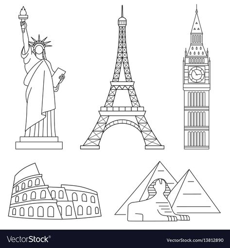 Famous Monuments Sketches, World Landmarks Drawing, Eiffel Tower Line Drawing, Big Ben Dibujo, Big Ben Illustration, Statue Of Liberty Illustration, Big Ben Drawing, Big Drawings, Statue Of Liberty Drawing