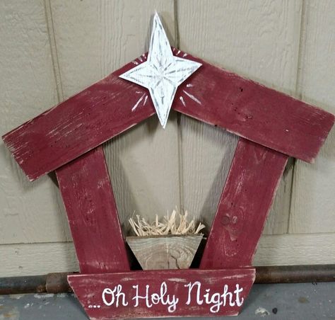 Oh holy night pallet nativity. Winter Pallet Projects, Wooden Nativity Sets Outdoor, Easy Holiday Wood Projects, Wood Plank Projects Diy, Nativity Wood Crafts, Wooden Nativity Diy, Pallet Nativity Scene, Scrap Wood Ornaments, Pallet Wood Christmas Projects