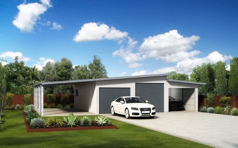 Ranbuild sells a huge range of skillion buildings and sheds for any rural usage… Triple Garage, Diy Carport, Backyard Garage, Skillion Roof, Garage Roof, Custom Sheds, Roofing Options, Shed Sizes, Residential Garage