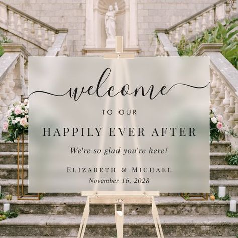 $68.6 | Elegant Happily Ever After Wedding Welcome Frosted - wedding welcome sign, happily ever after, elegant, we're glad you're here, simple, minimal modern, chic, script, minimalist, frosted Frosted Glass Wedding Sign, Glass Wedding Sign, Acrylic Welcome Sign, Happily Ever After Wedding, Ever After Wedding, Frosted Acrylic, Wedding Posters, Wedding Welcome Sign, Minimal Modern