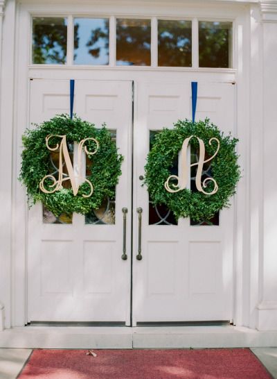 Monogram wreath decor: http://www.stylemepretty.com/missouri-weddings/2015/02/23/traditional-ballroom-wedding-10/ | Photography: Jordan Brittley - http://jordanbrittley.com/ Church Door Wedding Decorations, Wedding Church Decorations, Wedding Door Decorations, Wedding Door Wreaths, Monogram Wreaths, Simple Door, Doorway Decor, Wedding Doors, Church Wedding Decorations