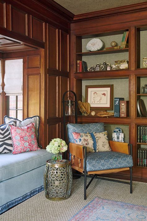 2024 Pasadena Showcase House Library Lounge Wood Panel Library Room, Modernize Wood Paneling, Wood Paneled Room, Dark Wood Blinds, Old Wood Paneling, Dark Wood Bookcase, Paneled Room, Library Lounge, House Library