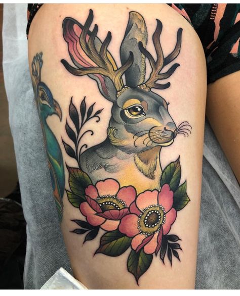 Jackalope Tattoo, Aster Tattoo, Compass Rose Tattoo, Boys With Tattoos, Tattoo Apprenticeship, Bunny Tattoos, Tattoo Magazine, Rabbit Tattoos, Tattoo Artwork