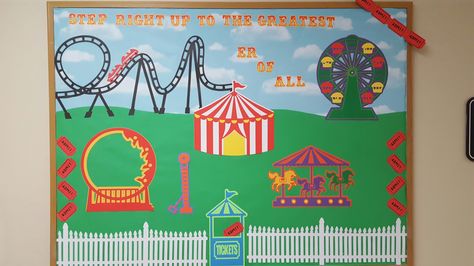 Fair Bulletin Board Ideas, Carnival Board Decoration, State Fair Bulletin Board Ideas, Playground Bulletin Board Ideas, Carnival Bulletin Board Ideas Classroom, Carnival Theme Bulletin Board Ideas, Amusement Park Bulletin Board, Circus Theme Bulletin Board Ideas, Circus Bulletin Board Ideas