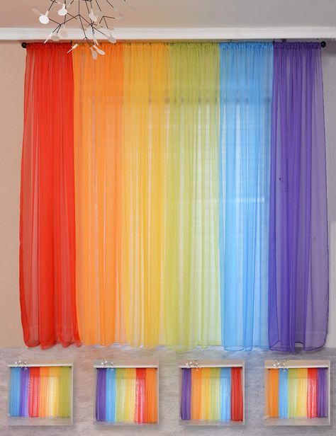 PRICES MAY VARY. PACKAGE: Includes 6 Pieces curtains ombre sheer voile curtians. Each Panel measures 40"wide, 6 panels total width is 240" wide, 84 inch long. Rainbow Color Set: 6 colors, red, orange, yellow, green, blue, purple. You can freely match colors according to your preferences. It can not only add a warm and romantic atmosphere to the living room, but also has the characteristics of soft lighting, ventilation and ventilation. It can make people see and adjust people's nervous mood, giv Classroom Curtain Ideas, Rainbow Room Ideas, Christmas Classroom Decor, Classroom Curtains, Rainbow Curtains, Rainbow Shower Curtain, Colorful Backdrop, Rainbow Window, Rainbow Classroom