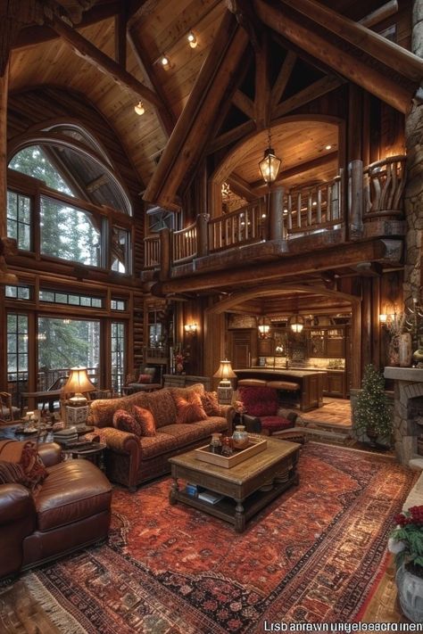 Dark Wood Cabin, Montana Living Room, Unique Home Interior, Log Cabin Mansions, Large Cabin, Tuscan Style Homes, Log Home Interiors, Cabin Living Room, Log Cabin Ideas