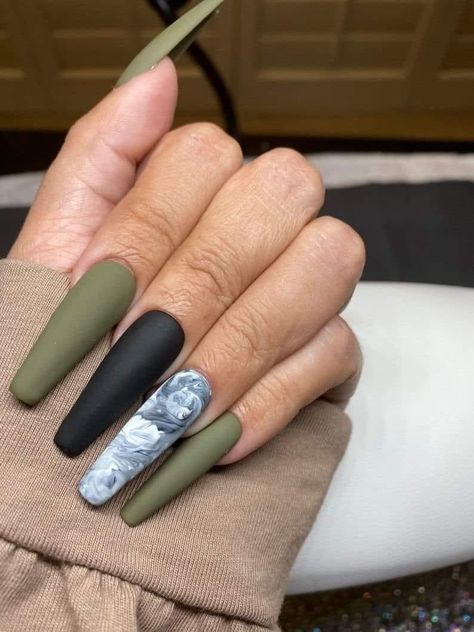 Olive Green Nails Coffin, Nail Ideas Olive Green, Olive Green Nails Acrylic, Green Nails Acrylic Long, Olive Green Nail Art, Green Nails Acrylic Coffin, Khaki Green Nails, Green Nails Matte, Olive Green Nails Designs