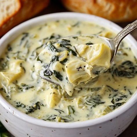 Creamy Spinach and Artichoke Soup Recipe Soups With Spinach Recipes, Spinach Artichoke Soup, Soup Spinach, Spinach Soup Recipe, Artichoke Soup, Soup Ingredients, Vegetable Prep, Soup Easy, Roasted Butternut Squash Soup