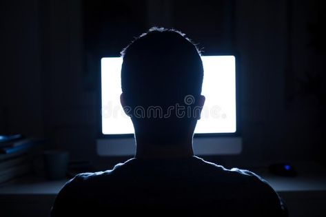 Man seated in front of computer monitor at night. Silhouette of man`s head in fr #Sponsored , #AFFILIATE, #Ad, #front, #Man, #monitor, #computer Programmer Illustration, Sitting In Front Of Computer, Whale Costume, Night Silhouette, Concept Product, Costume Concept, Simply Red, Man Sitting, Cinema Posters