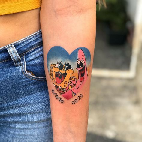 Spongebob And Patrick Tattoo, Patrick Spongebob, 90s Tattoos, Colorful Tattoo, Beauty Tattoo, Finger Tats, Sibling Tattoos, Sleeve Tattoos For Women, Beauty Tattoos