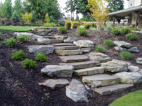 . Rock Walkways, Rock Walkway, Sloped Backyard Landscaping, Landscape Tips, Landscaping A Slope, Landscape Stairs, Rock Landscape, Landscaping On A Hill, Walkway Ideas