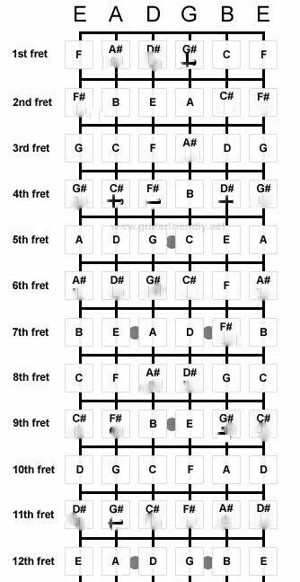 Bass Fingerboard Chart, Fret Board Notes, Ukulele Fretboard Notes, Guitar Keys Chart, Guitar Fretboard Notes Learning, Guitar Power Chord Chart, Guitar Fret Board Notes, Bass Guitar Chord Chart, Guitar Notes Chart For Beginners