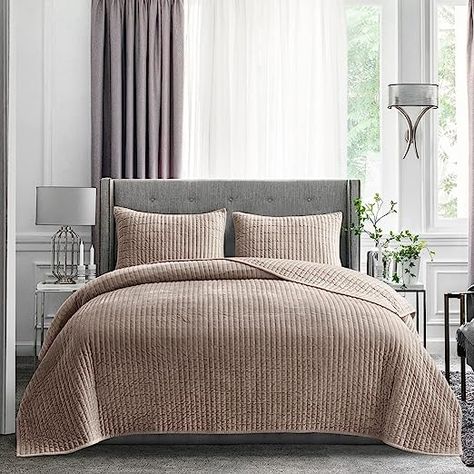 Striped Bedding Set,Lightweight Velvet Comforter,Luxurious Suede Bedspread and Coverlet with Soft Brushed Microfiber Back for All Season(Light Taupe,Full/Queen) Cozy Beds, Velvet Comforter, Velvet Bedding Sets, Striped Bedding, Velvet Quilt, Inspire Me Home Decor, Velvet Bed, Green Bedding, Bedding Stores