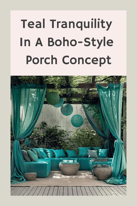 boho porch Teal Color Scheme, Boho Porch, Boho Color Scheme, Teal Curtains, Teal Color Schemes, Bohemian Elements, Teal Throw Pillows, Teal Decor, Rattan Coffee Table