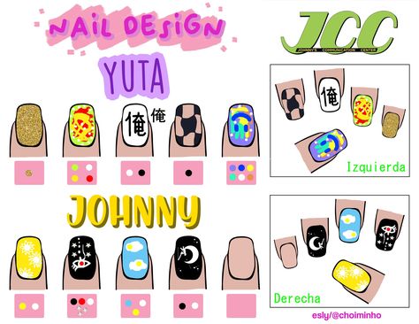 NCT JCC NAIL DESIGNS YUTA JOHNNY Nct Inspired Nails, Kpop Nails Designs, Nct Nails, Nails Vibrant, Em Nails, Nails Kawaii, Pretty Manicures, Asian Nails, Anime Nails