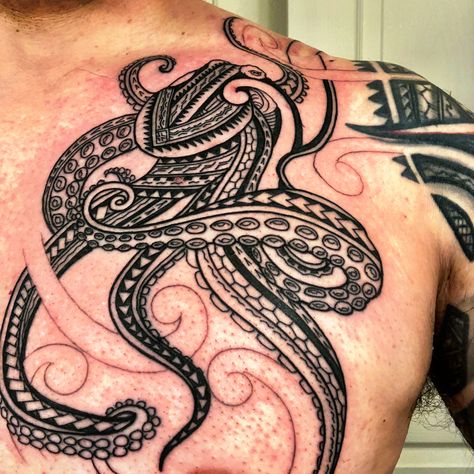 Aztec Octopus Tattoo, Maori Octopus Tattoo, Polynesian Octopus Tattoo, Polynesian Octopus, Maori Octopus, Tattoos Octopus, Octopus Thigh Tattoos, Tongan Tattoo, Tentacle Tattoo