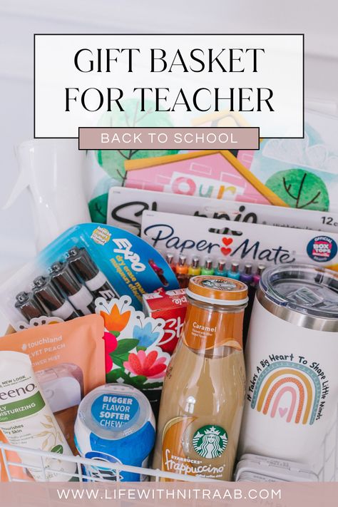 Gift Basket For Teacher 1st Year Teacher Gift, Teacher Supplies Gift Basket, Teacher Appreciation Basket Ideas, Teacher Basket Ideas, Teacher Summer Gift Basket, Gift Basket Ideas For Teachers, Teacher Appreciation Baskets, Teacher Appreciation Basket, Gift Basket For Teacher