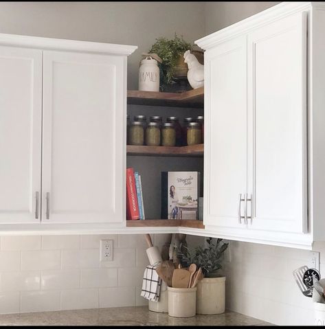 Removing Corner Cabinet In Kitchen, Replace Corner Cabinet With Shelves, Replacing Corner Kitchen Cabinet, Kitchen Wall Corner Cabinet Ideas, Corner Wall Shelf Kitchen, Upper Kitchen Cabinets Organization, Upper Corner Cabinet Ideas Open Shelves, Open Shelf Corner Kitchen, Corner Cabinets Kitchen Upper