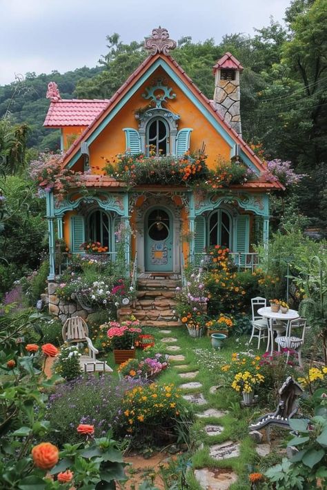 Maximalist Architecture Exterior, Boho Cottage Exterior, Maximalist House Exterior, Colourful Cottage, Fairytale Houses, Colorful Cottage, Cozy Cottages, Building Photography, Dream Cottage