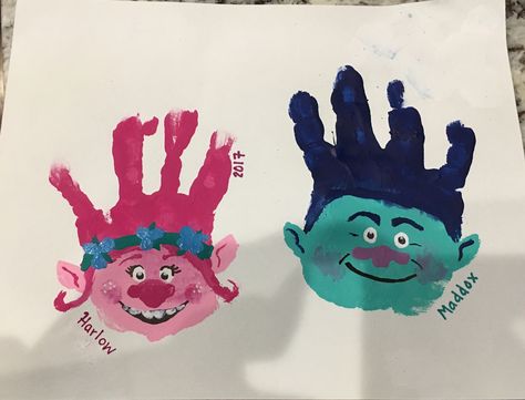 Trolls handprint art, Princess Poppy handprint art, Branch handprint, Preschool, Trolls movie Disney Handprint Art, Trolls Crafts For Kids, Footprint Art Kids, Princess Poppy, Anakin Vader, Trolls Birthday Party, Art Activities For Toddlers, Baby Art Projects, Toddler Art Projects