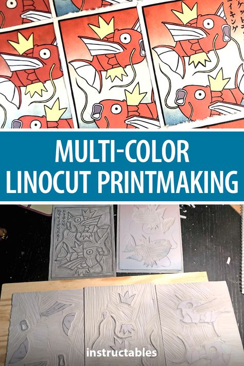 Pokemon Linocut, Multicolor Linocut Prints, Multi Color Linocut, Diy Printmaking, Linocut Tutorial, Color Linocut, Middle School Projects, Woodcut Printing, Woodblock Printmaking