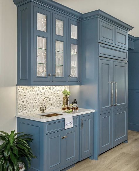 Refrigerated Drawers, Display Glassware, Stairway Remodel, Hydrangea House, Blue Kitchen Walls, Blue Kitchen Designs, Backsplash Design, Bold Kitchen, Blue Kitchen Cabinets