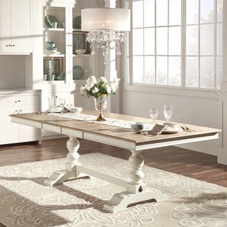 TRIBECCA HOME McKay Country Antique White Pedestal Extending Dining Table Antique White Dining Table, Oak And White Dining Table, Pedestal Dining Table Rectangular, White Wood Table, Dining Table Chandelier, Rectangular Dining Room Table, Pedestal Tables, Books And Tea, Trestle Tables