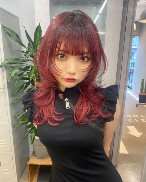 Short Bangs Long Hair Layered Cuts, Japanese Hair Color Ideas, Hime Cut Curly Hair, Layered Hime Haircut, Japanese Bangs, Rachel Vennya, Egyptian Hairstyles, Japanese Haircut, Red Hair Looks