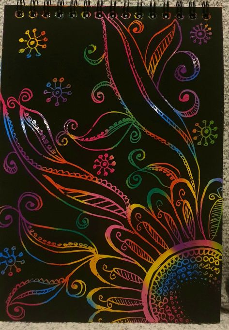 Rainbow Scratchboard Art, Scratchboard Art Easy, Scratch Art Ideas Easy, Rainbow Scratch Art Ideas, Scratch Art Ideas, Scratch Paper Art, Third Grade Art, Colorful Animal Paintings, Black Notebook