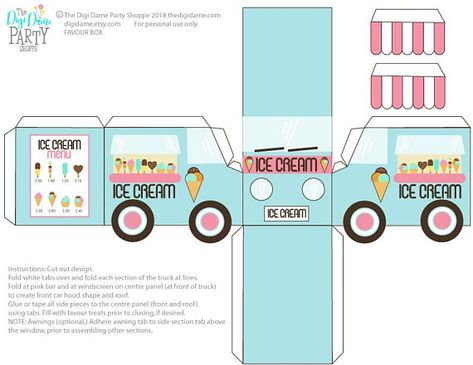 Ice Cream Truck/Van Favour Box Party Printable Mint & Pink Truck Template, Paper Box Template, Ice Cream Birthday Party, Paper Toys Template, Ice Cream Birthday, Gift Box Template, Ice Cream Truck, Ice Cream Party, Party Printable