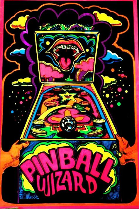 "PINBALL WIZARD"  (1975) Music Artist Poster, Pinball Art, Blacklight Posters, Pinball Wizard, Free Giveaways, Black Light Posters, Arte Punk, Psychadelic Art, Wall Collage Kit