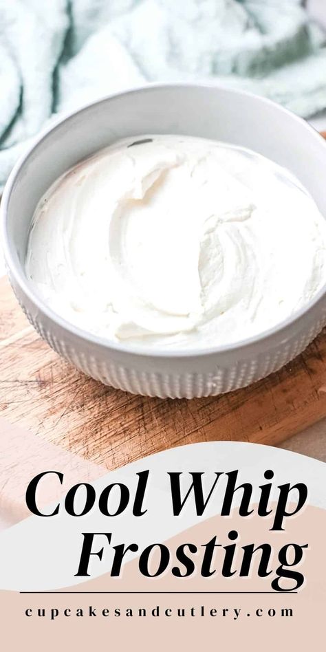 How to make Cool Whip Frosting. This easy homemade frosting recipe needs just 4 ingredients and is ready in under 10 minutes. It's a delicious way to top cakes and cupcakes with frosting from scratch. Whipped Cream Frosting With Cool Whip, Icing Using Cool Whip, Cool Whip Cake Icing, Angel Food Cake Frosting Easy, Pudding Frosting Recipe Cool Whip, Easy Cool Whip Frosting, Cool Whip Frosting Without Pudding, Cool Whip Frosting With Pudding, Frosting With Cool Whip