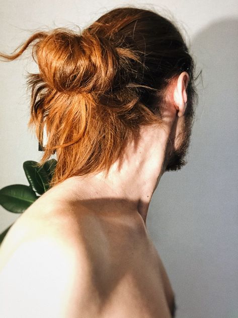 Long Red Hair Man Aesthetic, Ginger Bun Hair, Black Redhead Men, Ginger Man Aesthetic Faceless, Man Bun Aesthetic Faceless, Long Haired Ginger Men, Man Long Red Hair, Ginger Long Hair Men, Ginger Aesthetic Male