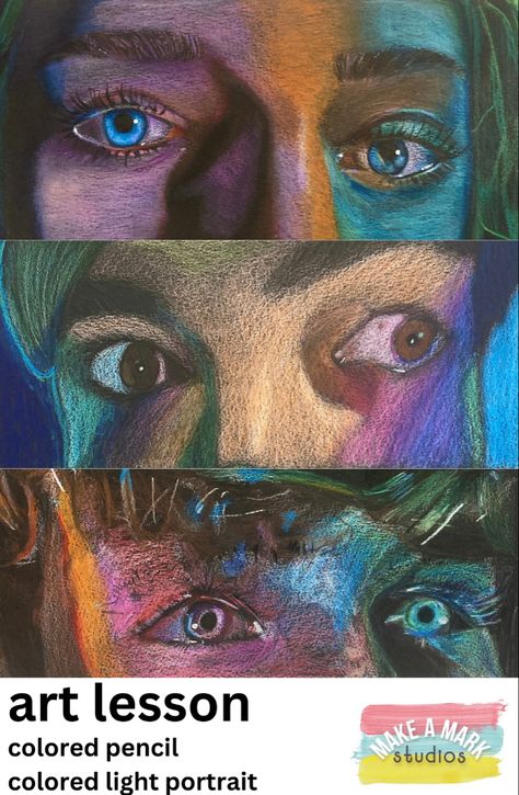 Eye drawing colored pencil Drawing Assignments High School, Beginning Art Lessons, Primary School Art Ideas Teaching, Middle School Drawing Lesson, Self Portrait High School Art, Art Lessons High School Drawing Projects, Student Art Projects, Art Lessons For Special Needs Students, Drawing High School Projects