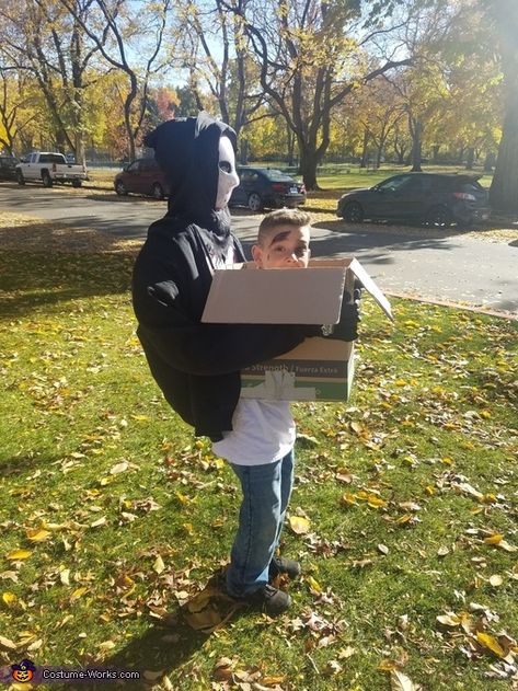 I created this costume for my 9 year old son. We enjoy making illusion costumes that get people to stop and think. His head is in the box. We created the illusion to look like someone is carrying just his head. The legs of the... Photo 2 of 4. Head In A Box Costume, Illusion Costumes, 2017 Halloween Costumes, Styrofoam Head, Box Costumes, Stop And Think, Homemade Costume, Costume Works, Halloween Costume Contest