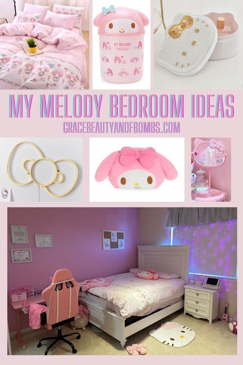 Sanrio Home Decor, My Melody Room Decor, My Melody Bedroom, Sanrio Bedroom Ideas, Hello Kitty Bedroom Decor, Sanrio Bedroom, Hello Kitty Bedroom, Toddler Bedroom Girl, Home Themes