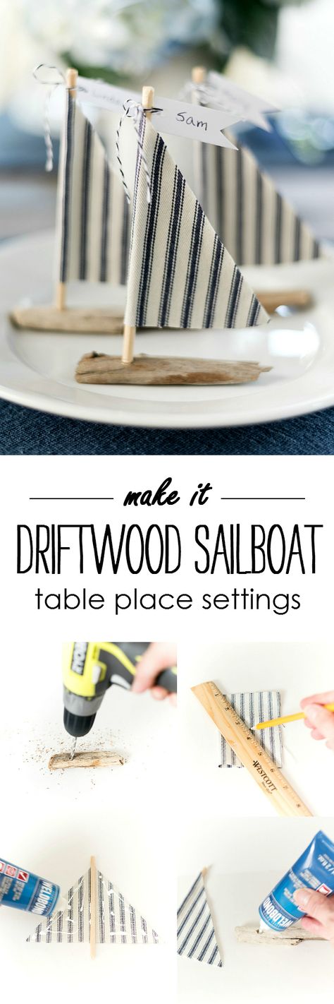 How to Make Driftwood Sailboat Place Setting DIY - Easy Nautical Place Setting Idea with Driftwood Sailboats @It All Started With Paint Upcycle Driftwood, Nautical Place Cards, Diy Sailboat, Diy Place Settings, Wood Craft Ideas, Driftwood Sailboat, Diy Driftwood, Themed Rooms, Driftwood Projects