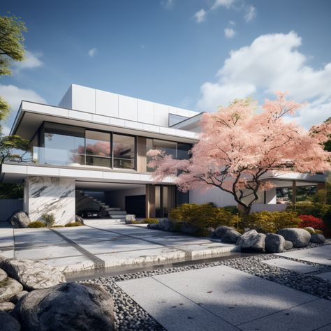 Japanese Mansion Modern, Japan Mansion, Japanese Home Modern, Japanese House Aesthetic, Pint House, Japanese Mansion, Cherry Blossom House, Future Mansion, Japanese Modern House