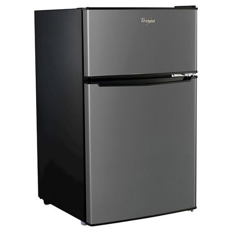 Keep your daily essentials properly chilled with this Whirlpool 3.1cu ft Mini Refrigerator. The door of this apartment or dorm room-sized fridge has a cubby for your soda cans and a space for two-liter bottles or milk. A drawer gives you a great place for your fruits and veggies while the shelving is just the right size for your other necessities. Don't forget about keeping some treats in the freezer for late-night snacks or study sessions. Dorm Fridge, Cool Mini Fridge, Mini Fridge With Freezer, Compact Fridge, Stainless Steel Fridge, Mini Refrigerator, Stainless Steel Refrigerator, Mini Fridges, Compact Refrigerator