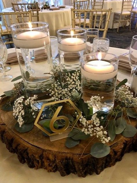 Creative Wedding Table Numbers, Wedding Table Number Ideas, Wood Centerpieces Wedding, Table Number Ideas, Water Centerpieces, Floating Candles Wedding, Number Ideas, Floating Candle Centerpieces, Greenery Centerpiece