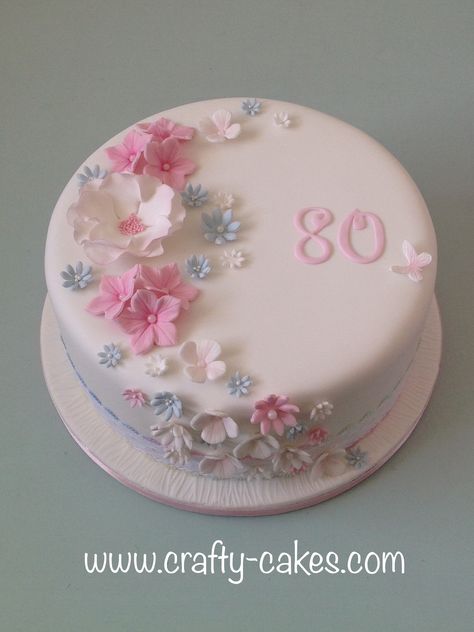 Birthday Cake Woman Simple, Simple Fondant Decorations, Birthday Cake With Fondant Flowers, Flower Cake Fondant, 80 Birthday Cake Woman, Cascading Flower Cake, 85 Birthday Cake, 77 Birthday Cake, 80th Birthday Cakes For Women