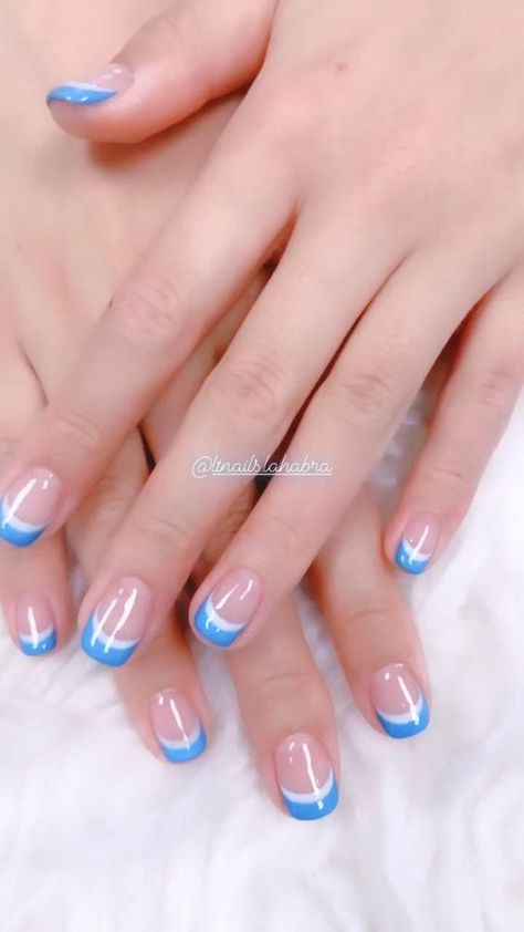 Blue French Tip Nails With Design, Nail 2023 Spring, Summer Nail 2023, Summer Nails Coffin, 2023 Spring Nails, Nail 2023, Fancy Nail Art, Nail Tip Designs, Manicure Nail Designs